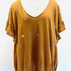 NWT SONOMA Women Short Sleeve Pull Over Elastic Waist Floral Blue Shirt Size 3X